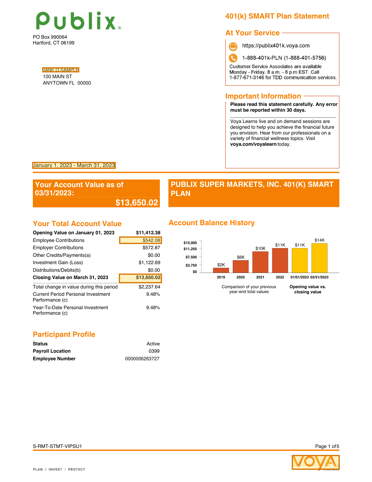 Page 1 of a sample 401(k) Statement, with extracted values outlined
