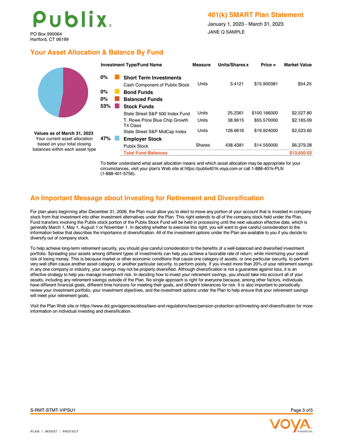 Page 3 of the sample 401(k) Statement