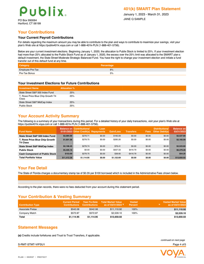 Page 4 of the sample 401(k) Statement