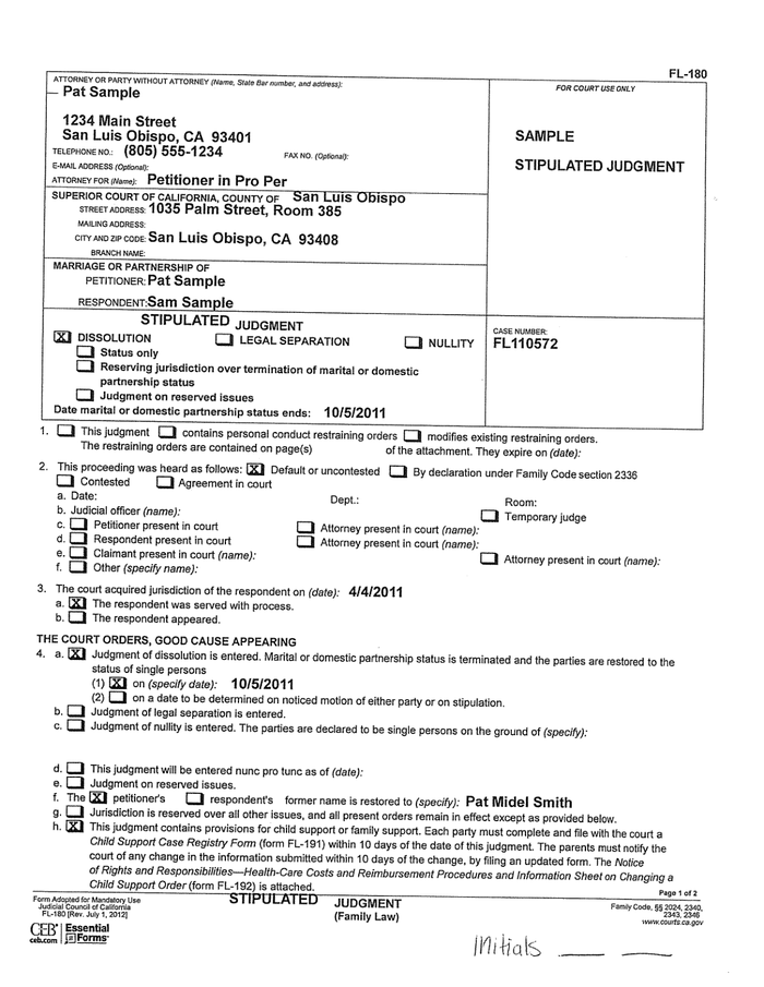 Page 1 of the sample Court Order for Alimony