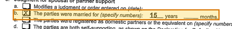 The region of the sample Court Order for Alimony containing Length of marriage (years), with the extracted value outlined
