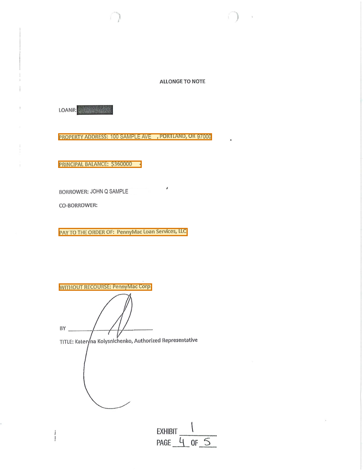 Page 1 of a sample Allonge to Note, with extracted values outlined