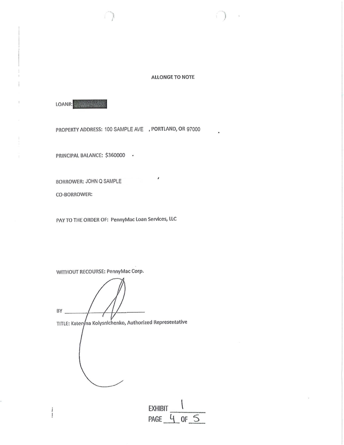 Page 1 of the sample Allonge to Note