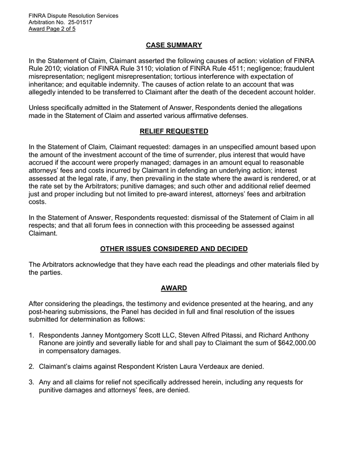 Page 2 of the sample Arbitration Award