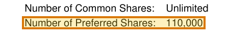 The region of the sample Articles of Incorporation containing Preferred shares authorized, with the extracted value outlined