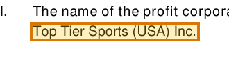 The region of the sample Articles of Incorporation containing Corporation name, with the extracted value outlined