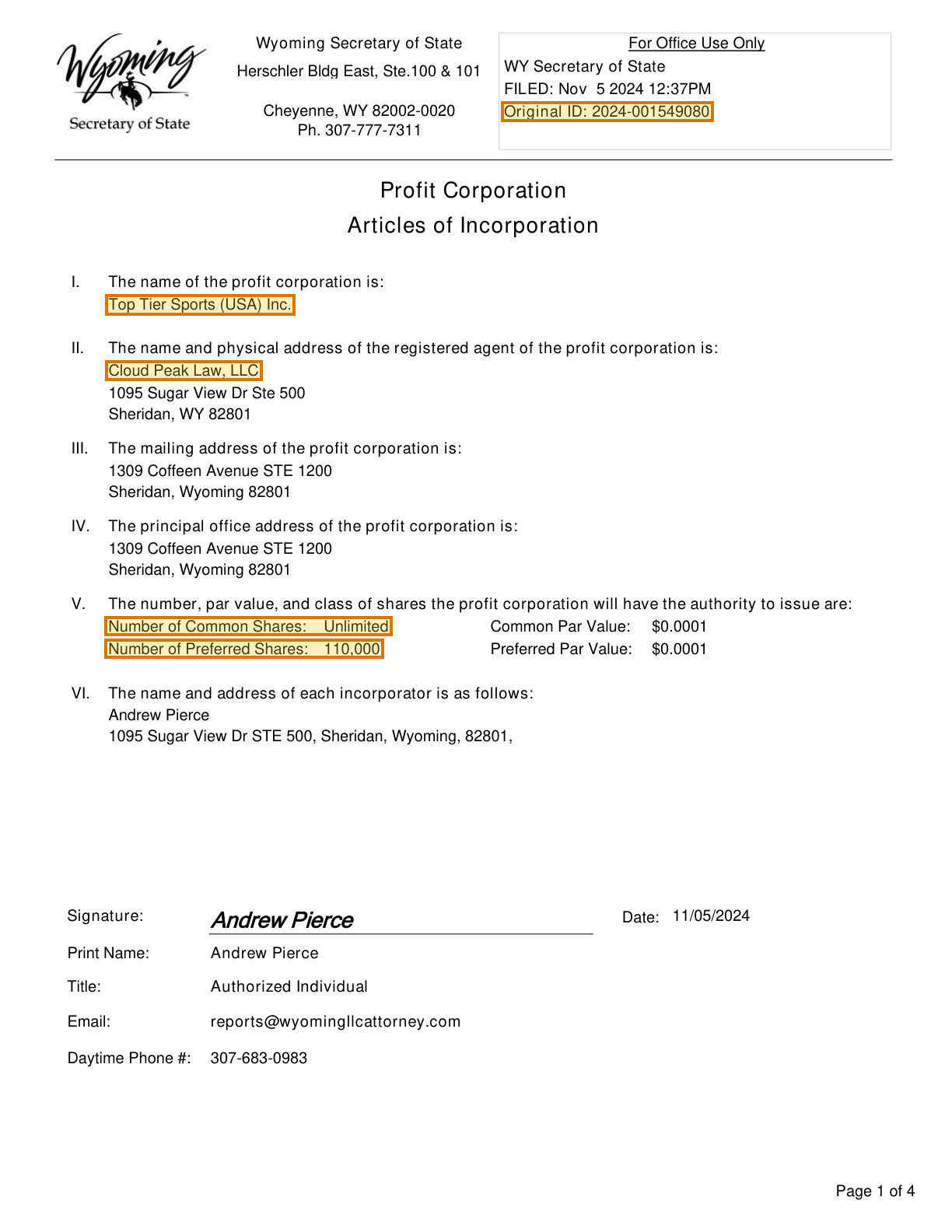 Page 1 of a sample Articles of Incorporation, with extracted values outlined