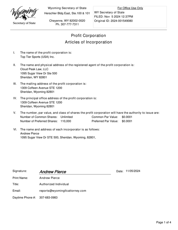 Page 1 of the sample Articles of Incorporation
