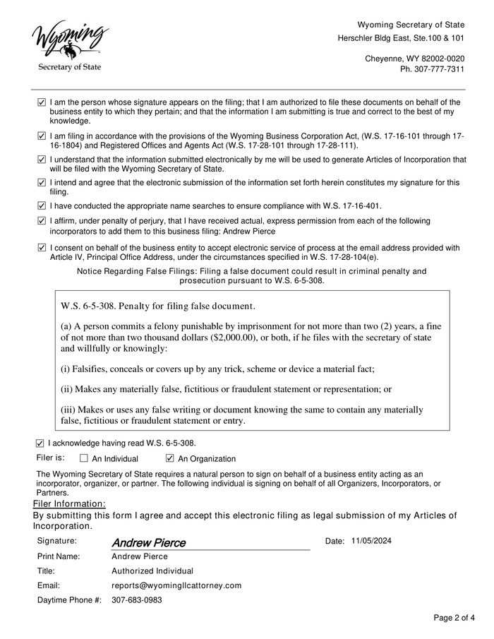 Page 2 of the sample Articles of Incorporation