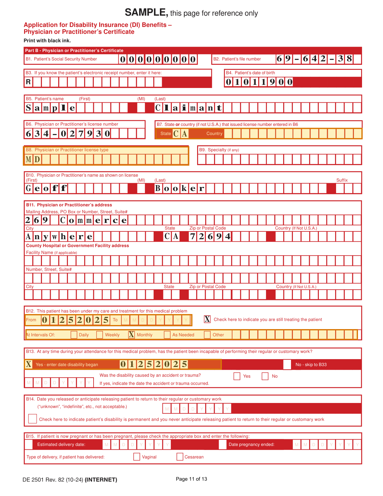 Page 1 of a sample Attending Physician Statement, with extracted values outlined