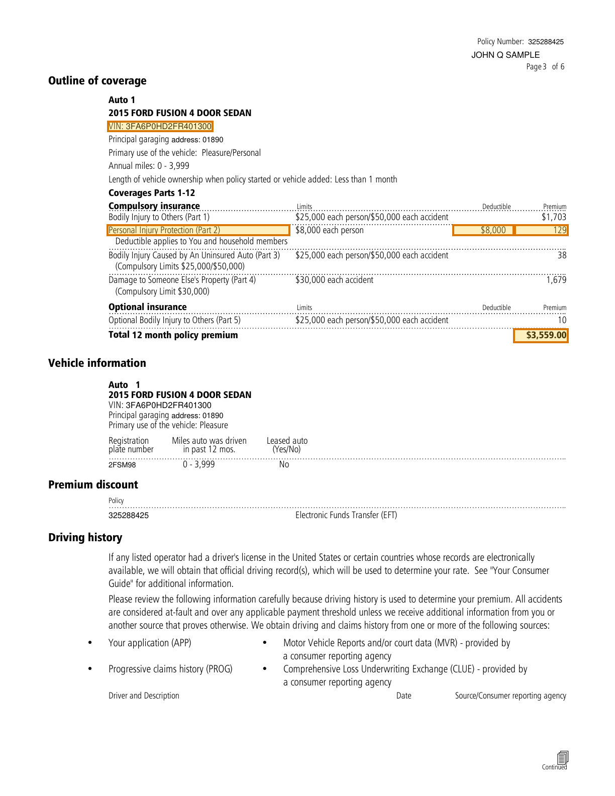Page 3 of a sample Auto Insurance Application, with extracted values outlined