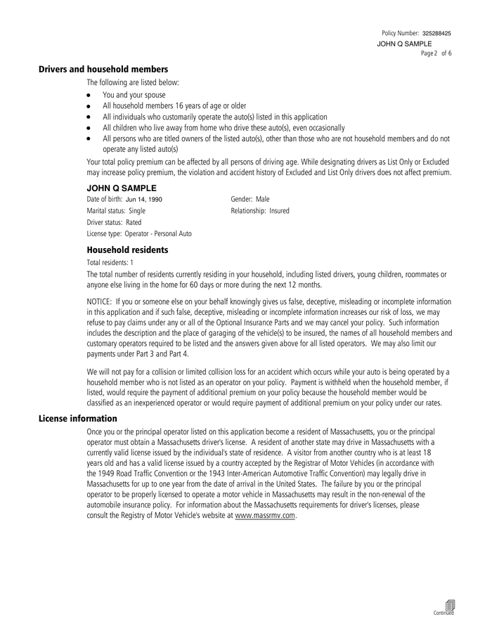 Page 2 of the sample Auto Insurance Application