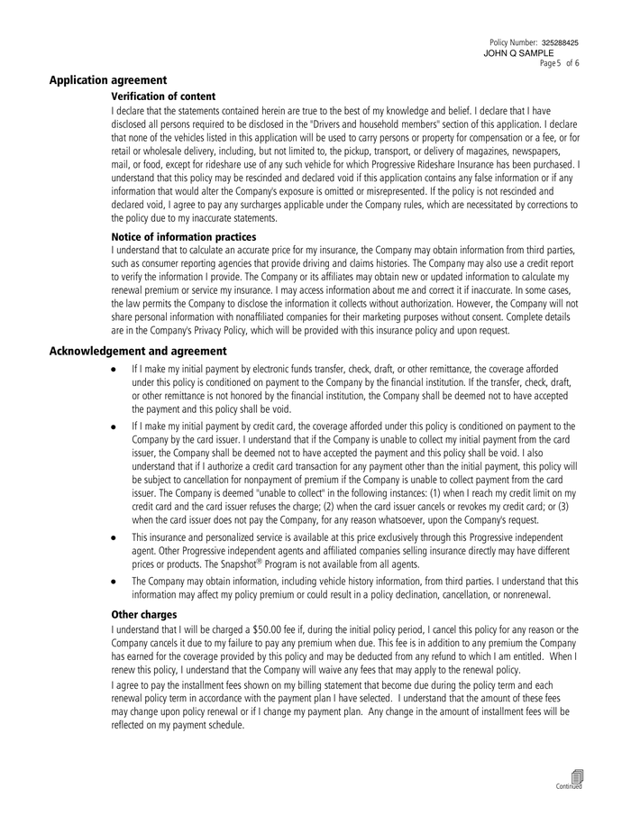 Page 5 of the sample Auto Insurance Application