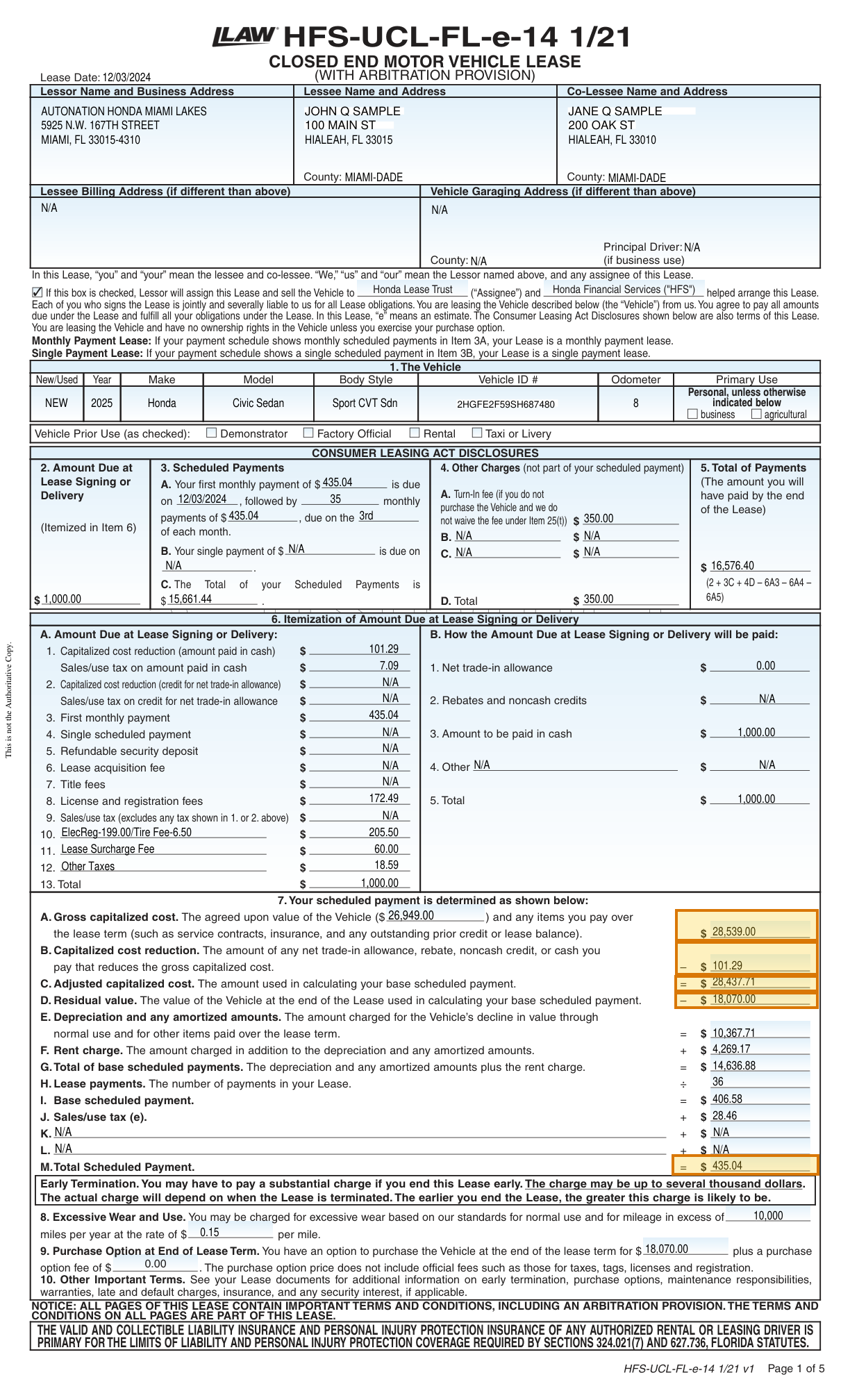 Page 1 of a sample Auto Lease Agreement, with extracted values outlined