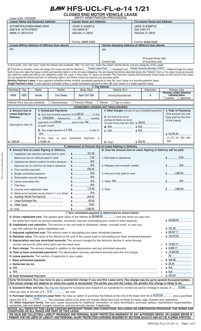 Page 1 of the sample Auto Lease Agreement