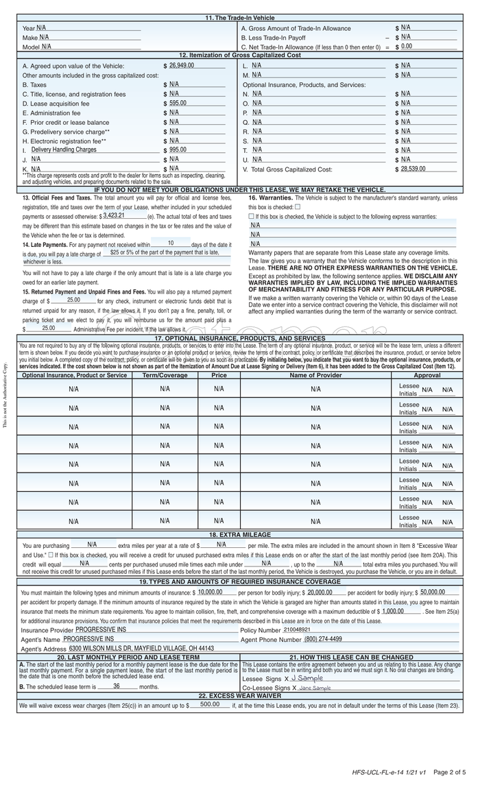 Page 2 of the sample Auto Lease Agreement