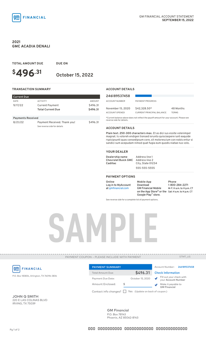 Page 1 of the sample Auto Loan Statement