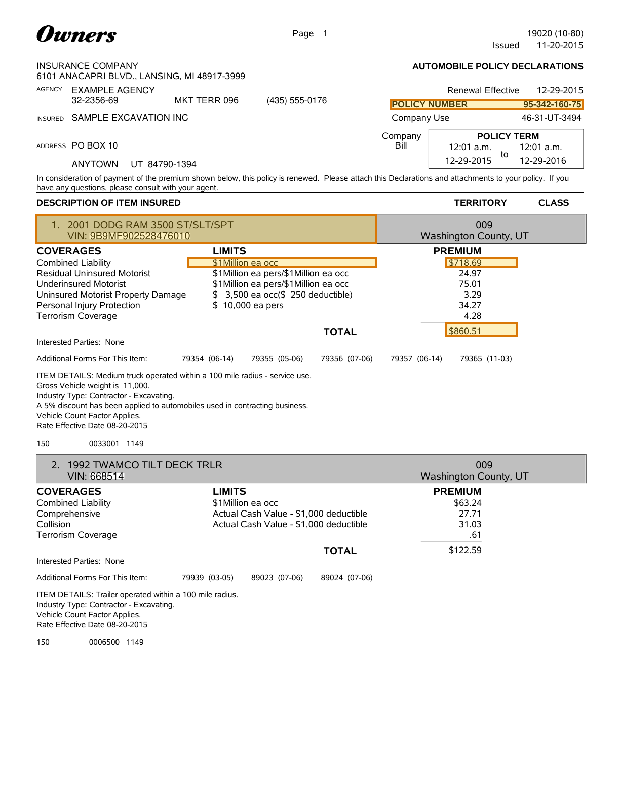 Page 1 of a sample Commercial Auto Declarations, with extracted values outlined