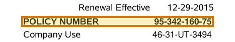 The region of the sample Auto Policy Declarations (Commercial) containing Policy number, with the extracted value outlined