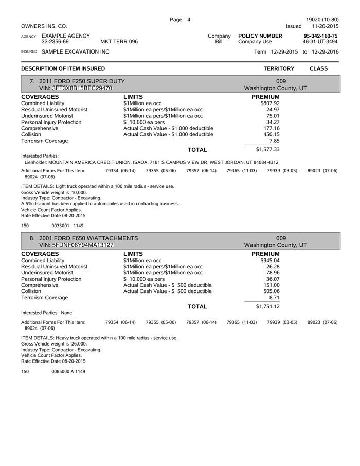 Page 4 of the sample Auto Policy Declarations (Commercial)
