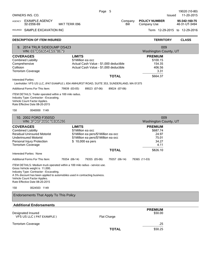 Page 5 of the sample Auto Policy Declarations (Commercial)