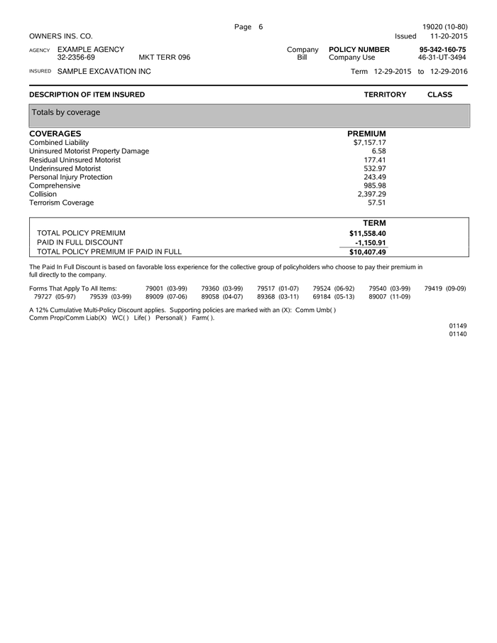 Page 6 of the sample Auto Policy Declarations (Commercial)