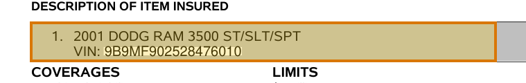 The region of the sample Auto Policy Declarations (Commercial) containing Scheduled vehicle, with the extracted value outlined