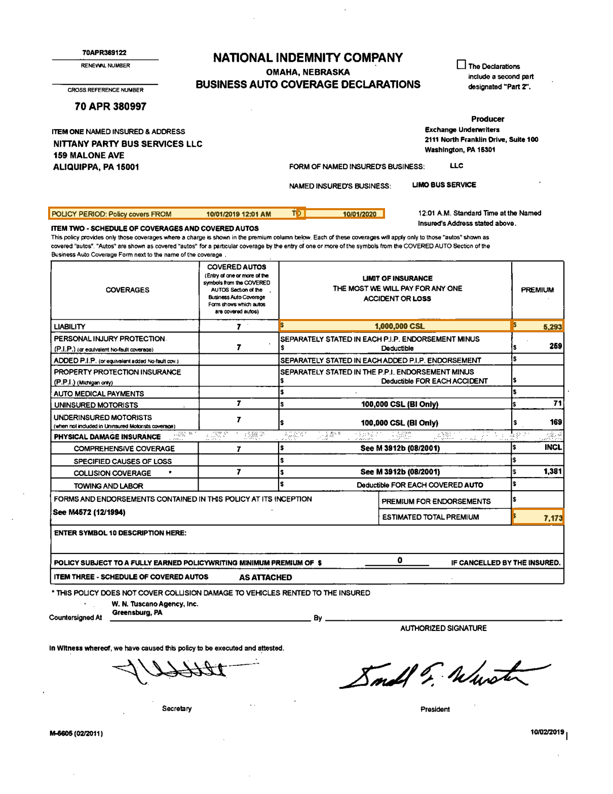 Page 1 of a sample Auto Policy Declarations Page, with extracted values outlined