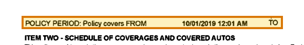 The region of the sample Auto Policy Declarations Page containing Policy period from, with the extracted value outlined