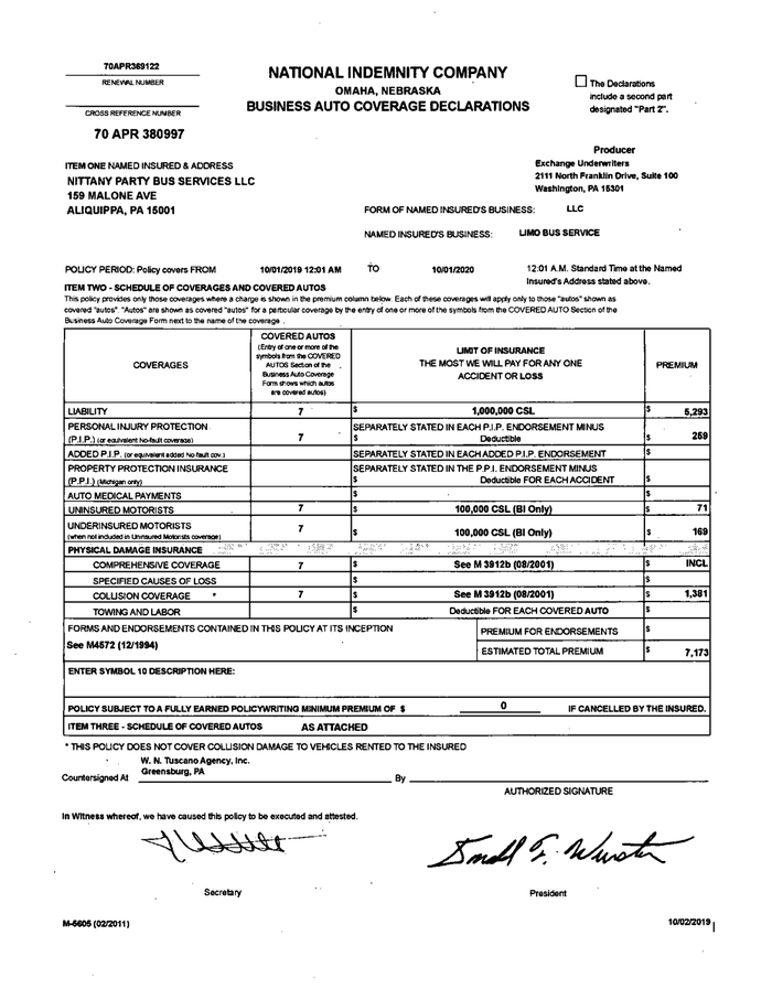 Page 1 of the sample Auto Policy Declarations Page