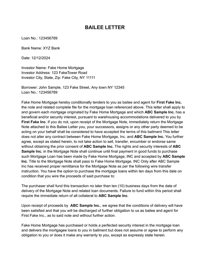 Page 1 of the sample Bailee Letter