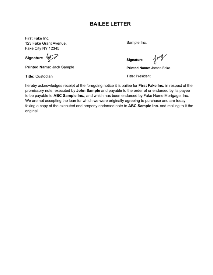 Page 3 of the sample Bailee Letter