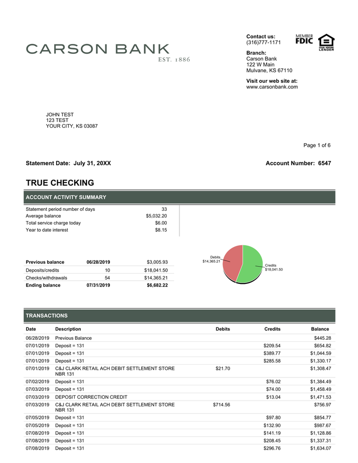 Page 1 of the sample Bank Statement