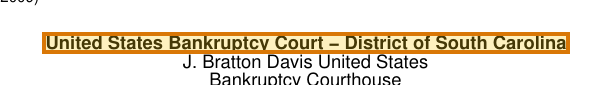 The region of the sample Bankruptcy Discharge containing Court, with the extracted value outlined