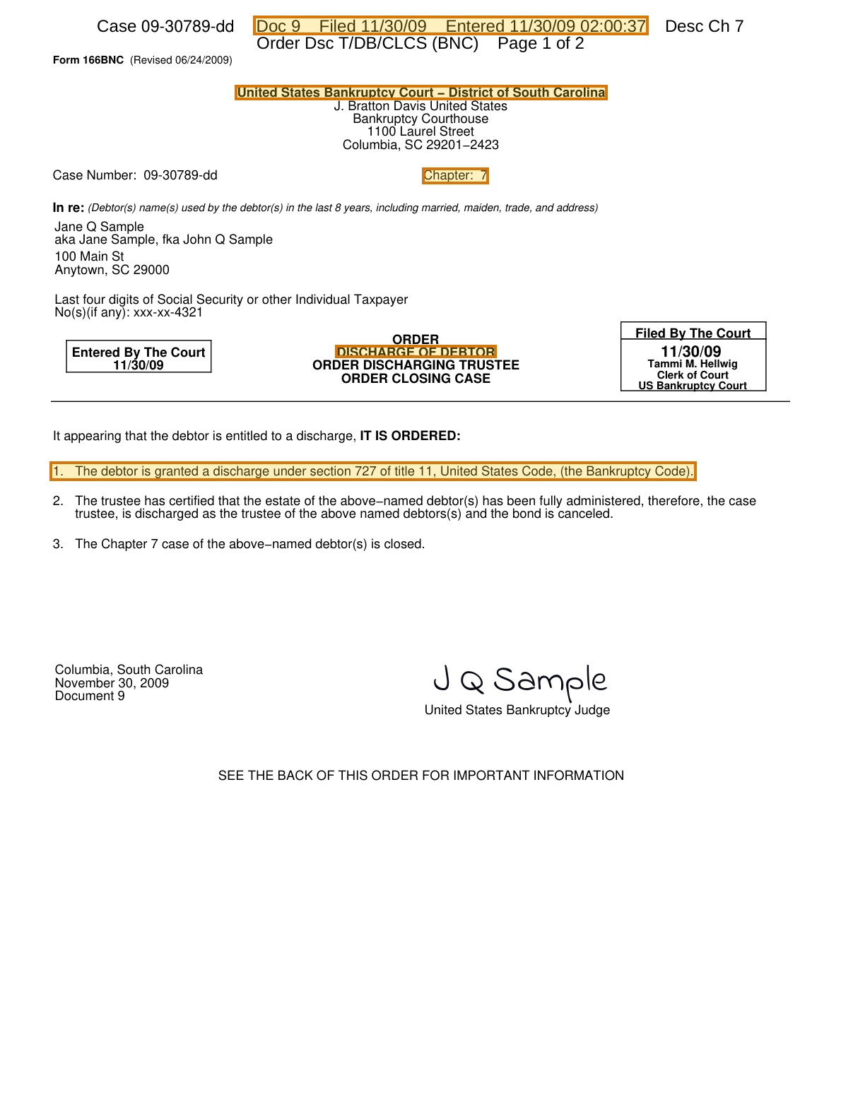Page 1 of a sample Bankruptcy Discharge, with extracted values outlined