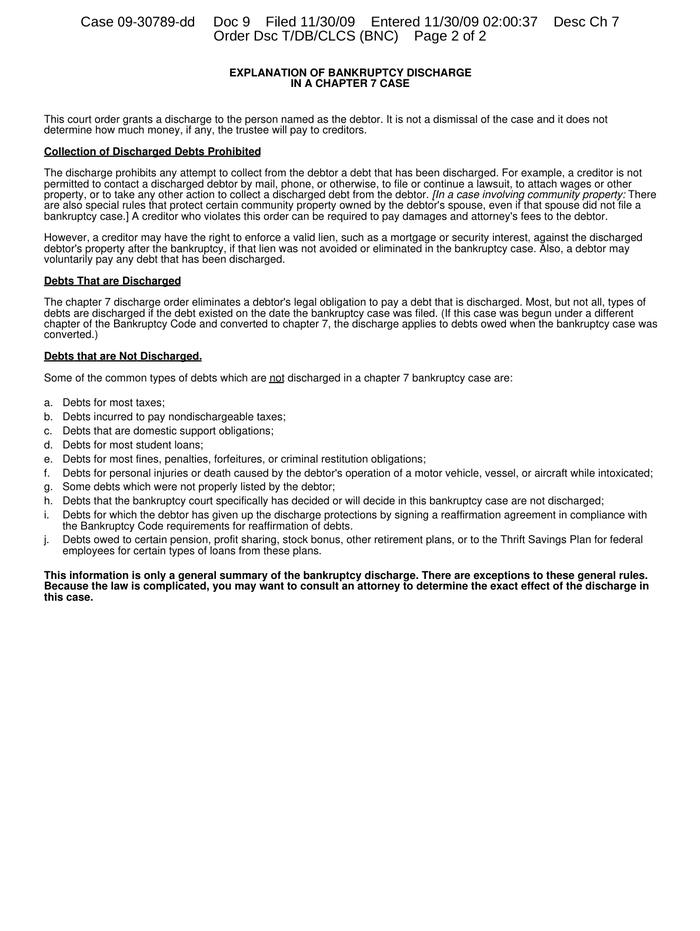 Page 2 of the sample Bankruptcy Discharge
