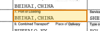 The region of the sample Bill of Lading containing Port of loading, with the extracted value outlined