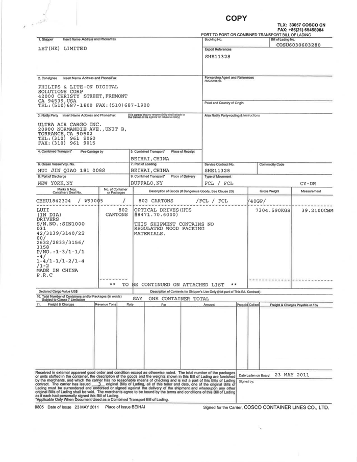 Page 1 of the sample Bill of Lading