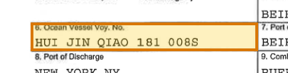 The region of the sample Bill of Lading containing Vessel, with the extracted value outlined