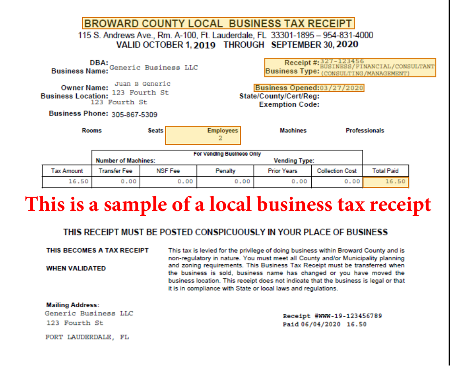 Page 1 of a sample Business License, with extracted values outlined
