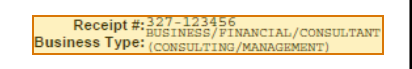 The region of the sample Business License containing Receipt number, with the extracted value outlined