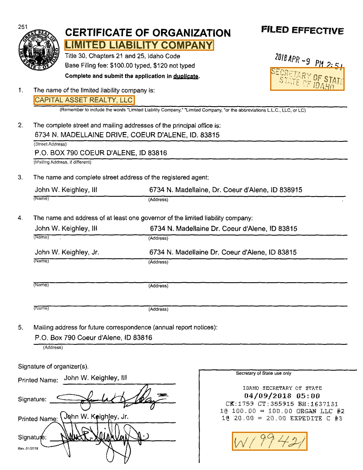 Page 1 of a sample Business Registration, with extracted values outlined