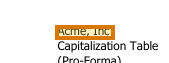 The region of the sample Capitalization Table containing Company, with the extracted value outlined