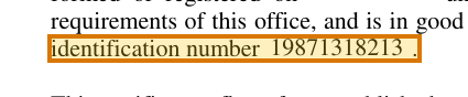 The region of the sample Certificate of Good Standing containing Entity ID number, with the extracted value outlined
