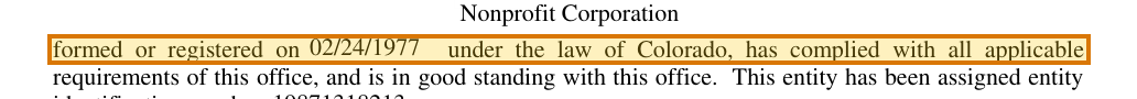 The region of the sample Certificate of Good Standing containing Formation date, with the extracted value outlined