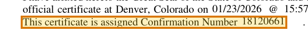The region of the sample Certificate of Good Standing containing Confirmation number, with the extracted value outlined