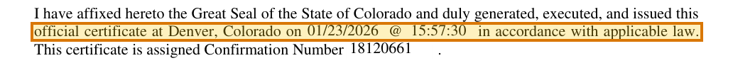 The region of the sample Certificate of Good Standing containing Issue date, with the extracted value outlined