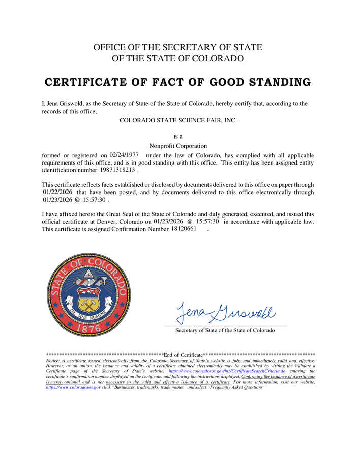 Page 1 of the sample Certificate of Good Standing