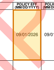 The region of the sample Certificate of Insurance containing Policy effective date, with the extracted value outlined