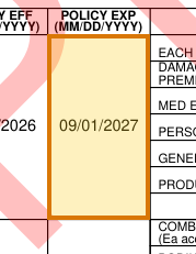 The region of the sample Certificate of Insurance containing Policy expiration date, with the extracted value outlined